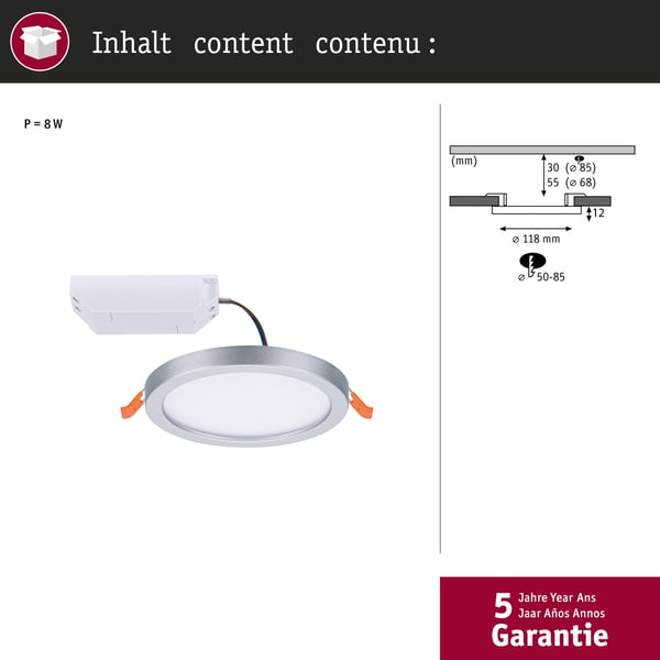 Paulmann VariFit Infälld LED panel Areo panel IP44 rund 118 mm 6,5W 550lm 3000K Krom matt