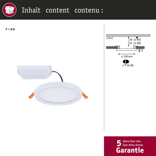 Paulmann VariFit Infälld LED panel Areo panel IP44 rund 118 mm 6,5W 500lm 4000K Vit