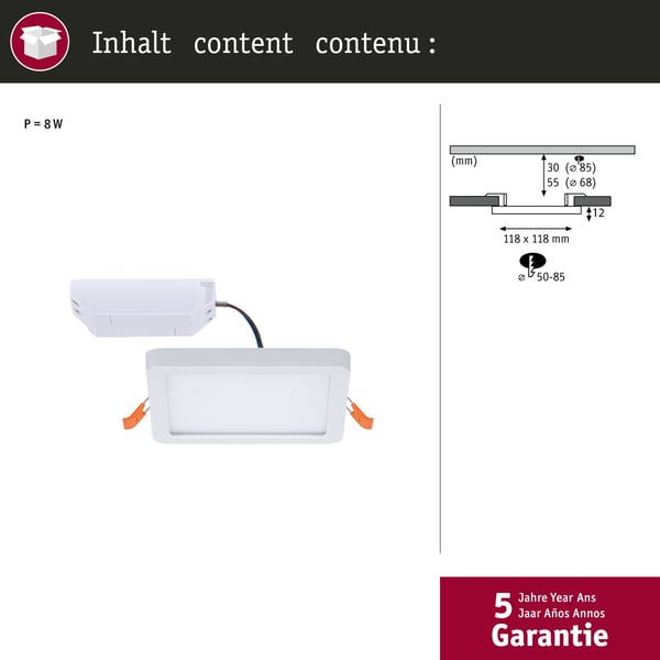 Paulmann VariFit Infälld LED panel Areo panel IP44 vinkelformad 118x118 mm 6,5W 500lm 3000K Vit