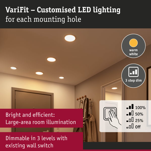Paulmann VariFit Infälld LED panel 3-Step-Dim Areo panel IP44 rund 230 mm 16W 1400lm 3000K Krom dimbar
