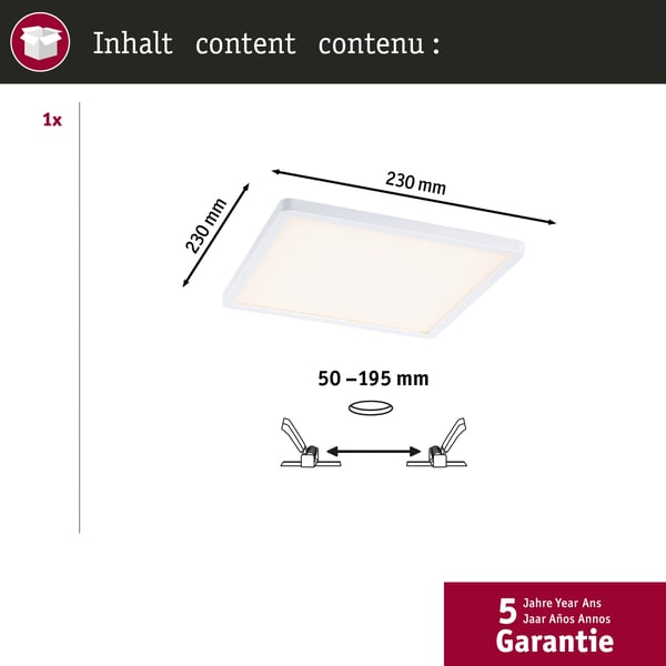 Paulmann VariFit Infälld LED panel 3-Step-Dim Areo panel IP44 vinkelformad 230x230 mm 16W 1400lm 3000K Vit dimbar