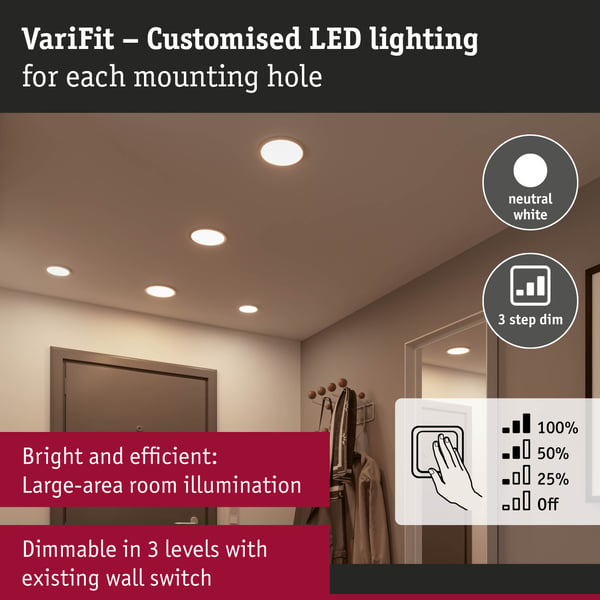 Paulmann VariFit Infälld LED panel 3-Step-Dim Areo panel IP44 rund 230 mm 16W 1400lm 4000K Vit dimbar