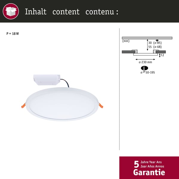 Paulmann VariFit Infälld LED panel 3-Step-Dim Areo panel IP44 rund 230 mm 16W 1400lm 4000K Vit dimbar