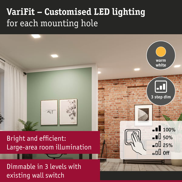 Paulmann VariFit Infälld LED panel 3-Step-Dim Veluna Panel IP44 vinkelformad 185x185 mm 17W 1400lm 3000K Satin dimbar