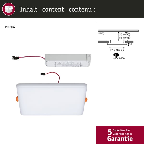 Paulmann VariFit Infälld LED panel 3-Step-Dim Veluna Panel IP44 vinkelformad 185x185 mm 17W 1400lm 3000K Satin dimbar