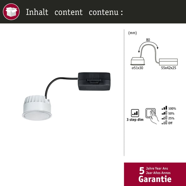 Paulmann LED modul infälld belysning 3-Step-Dim Nova Coin rund 51 mm Coin 6W 470lm 230V dimbar 2700K Satin