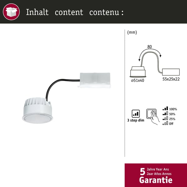 Paulmann LED modul infälld belysning 3-Step-Dim Base Coin rund 50 mm Coin 5W 370lm 230V dimbar 3000K Opal