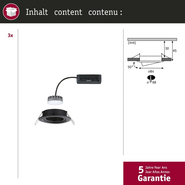 Paulmann Infälld LED lampa Nova Plus Coin rund 84 mm 50° Coin 3x6W 3x470lm 230V dimbar 2700K Svart matt