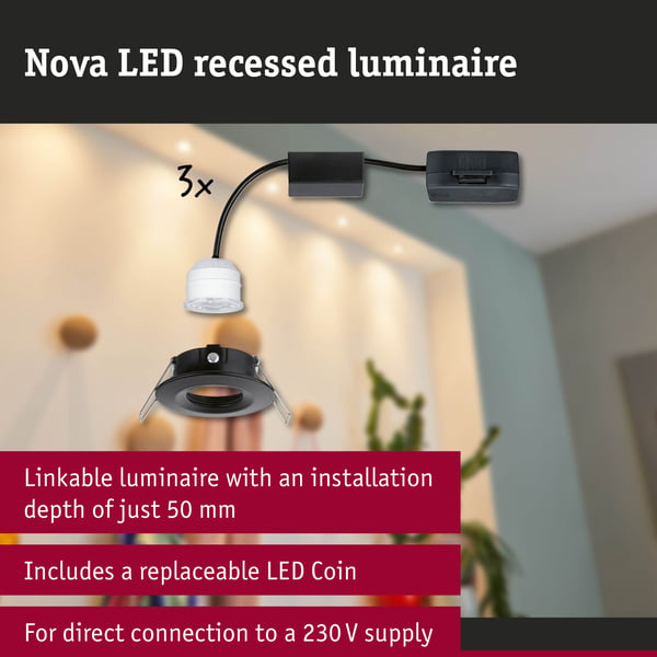 Paulmann Infälld LED lampa Nova Mini Coin IP44 rund 66 mm Coin 3x4W 3x310lm 230V 2700K Svart matt
