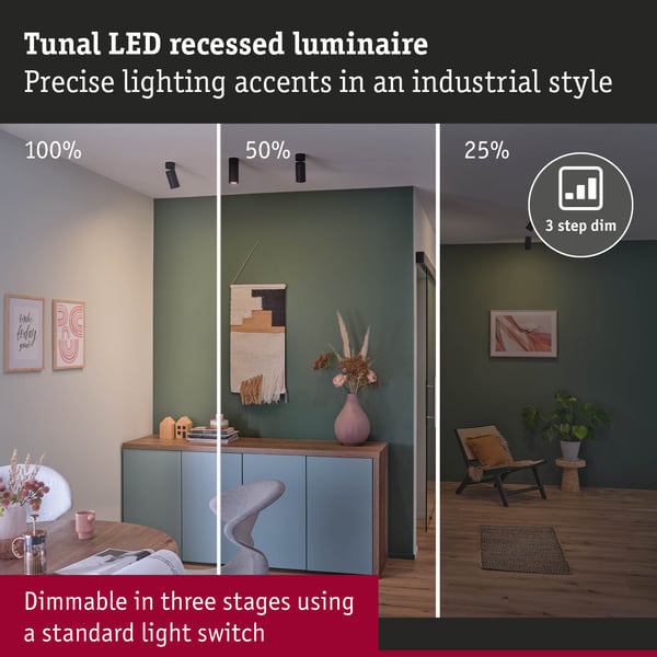 Paulmann Infälld LED lampa 3-Step-Dim Turnal rund 60 mm 90° Coin 6W 470lm 230V dimbar 2700K Svart matt