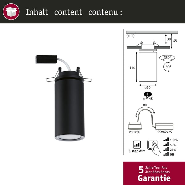 Paulmann Infälld LED lampa 3-Step-Dim Turnal rund 60 mm 90° Coin 6W 470lm 230V dimbar 2700K Svart matt