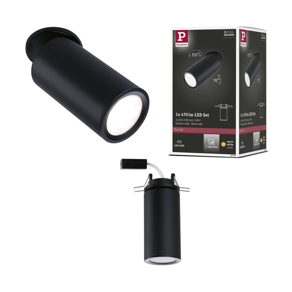 Infälld LED lampa 3-Step-Dim Turnal rund 60 mm 90° Coin 6W 470lm 230V dimbar 2700K Svart matt