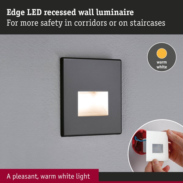 Paulmann LED infälld vägglampa Edge Quadro vinkelformad 80x80 mm 1,2W 50lm 230V 2700K Svart matt