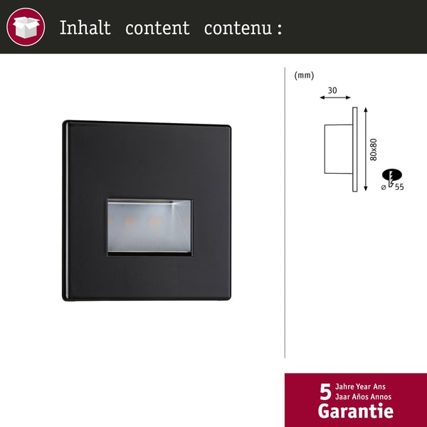 Paulmann LED infälld vägglampa Edge Quadro vinkelformad 80x80 mm 1,2W 50lm 230V 2700K Svart matt