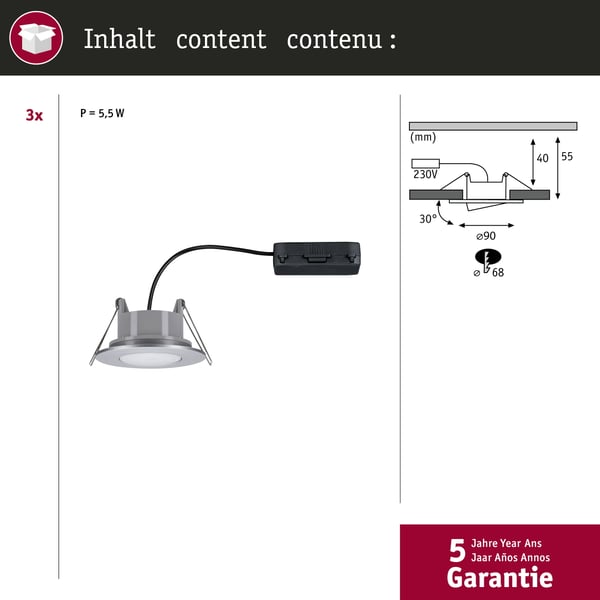 Paulmann Infälld LED lampa Calla IP65 rund 90 mm 30° 3x5W 3x400lm 230V White Switch Krom matt