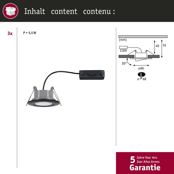 Paulmann Infälld LED lampa Calla IP65 rund 90 mm 30° 3x5W 3x400lm 230V White Switch Svart matt