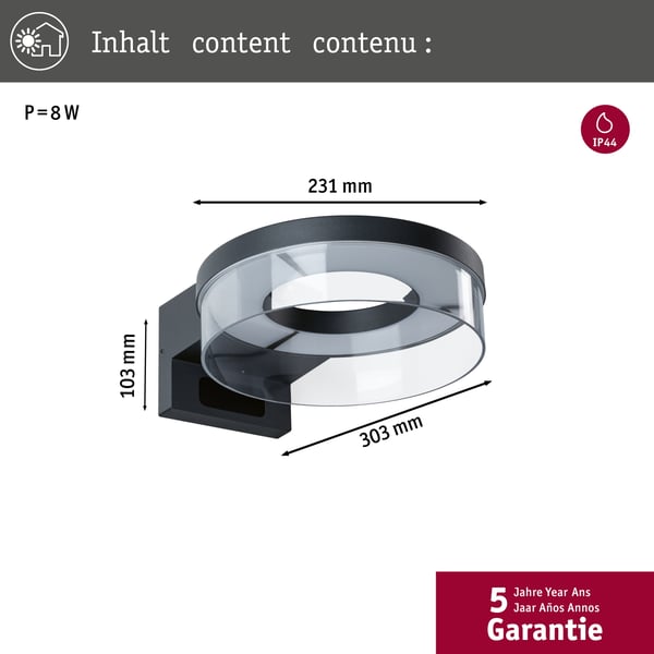 Paulmann LED vägglampa för utomhusbruk Capera IP44 231 mm 3000K 8W / 1,2W 700lm / 0lm 230V Antracit Aluminium