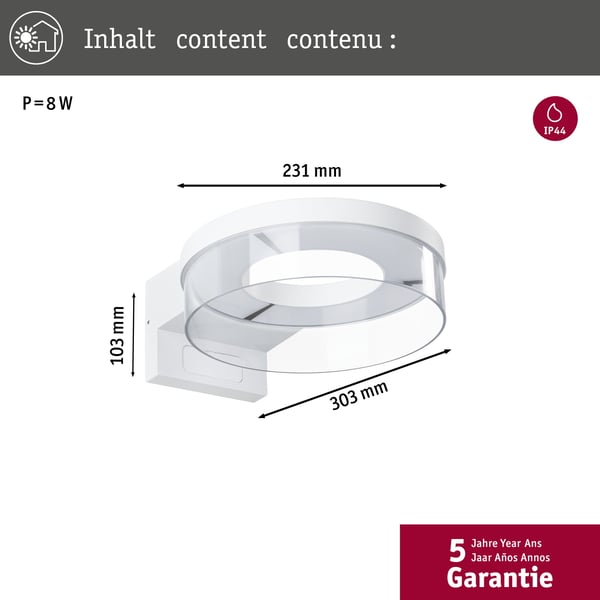 Paulmann LED vägglampa för utomhusbruk Capera IP44 231 mm 3000K 8W / 1,2W 700lm / 0lm 230V Vit Aluminium