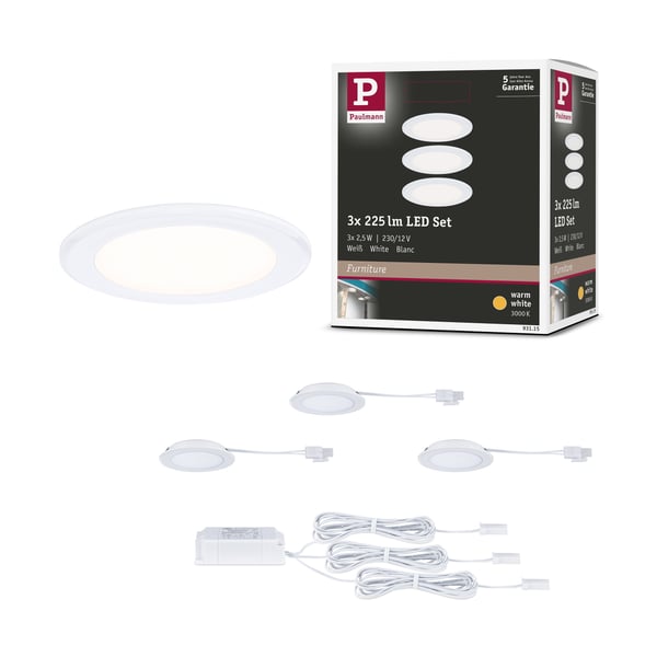 LED infällda möbellampor rund 65 mm 3x2,5W 3x180lm 230/12V 3000K Vit