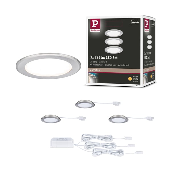 LED infällda möbellampor rund 65 mm 3x2,5W 3x180lm 230/12V 3000K Järn borstat