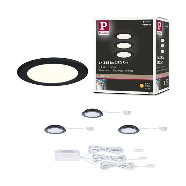 LED infällda möbellampor rund 65 mm 3x2,5W 3x180lm 230/12V 3000K Svart matt