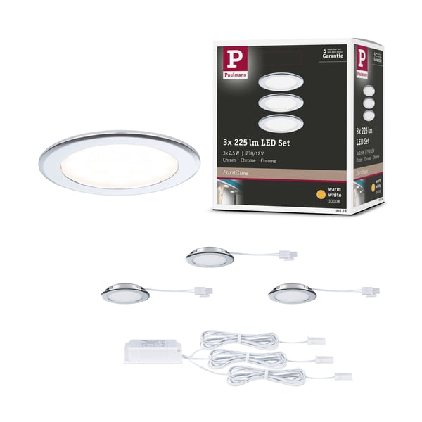 LED infällda möbellampor rund 65 mm 3x2,5W 3x180lm 230/12V 3000K Krom