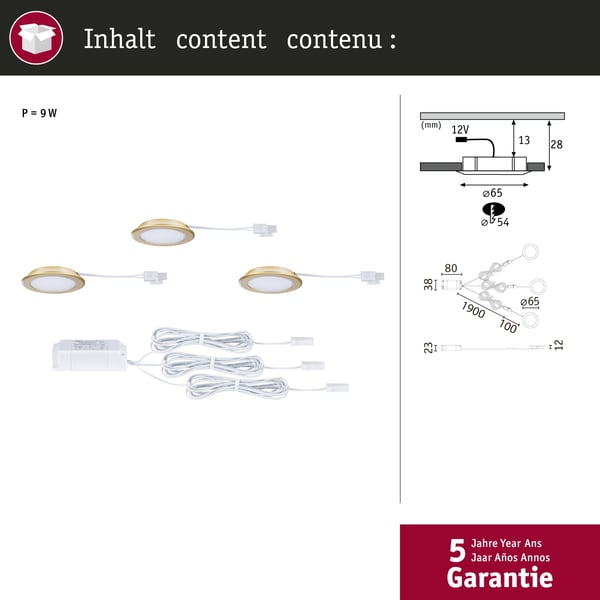 Paulmann LED infällda möbellampor rund 65 mm 3x2,5W 3x180lm 230/12V 3000K Guld matt