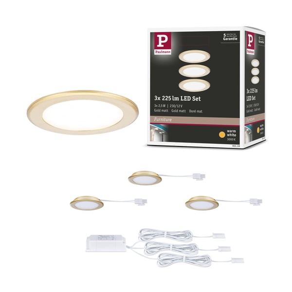 Paulmann LED infällda möbellampor rund 65 mm 3x2,5W 3x180lm 230/12V 3000K Guld matt
