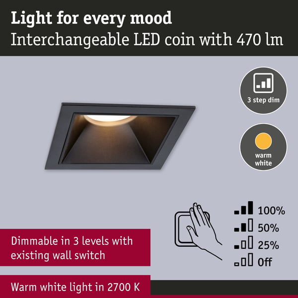 Paulmann Infälld LED lampa 3-Step-Dim Cole Coin IP44 vinkelformad 88x88 mm Coin 3x6W 3x470lm 230V dimbar 2700K Svart