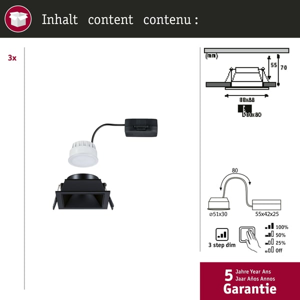 Paulmann Infälld LED lampa 3-Step-Dim Cole Coin IP44 vinkelformad 88x88 mm Coin 3x6W 3x470lm 230V dimbar 2700K Svart