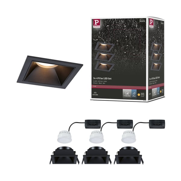 Paulmann Infälld LED lampa 3-Step-Dim Cole Coin IP44 vinkelformad 88x88 mm Coin 3x6W 3x470lm 230V dimbar 2700K Svart