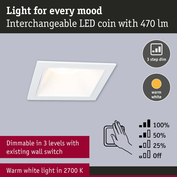 Paulmann Infälld LED lampa 3-Step-Dim Cole Coin IP44 vinkelformad 88x88 mm Coin 3x6W 3x470lm 230V dimbar 2700K Vit
