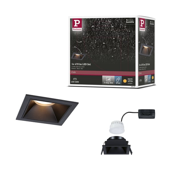 Paulmann Infälld LED lampa 3-Step-Dim Cole Coin IP44 vinkelformad 88x88 mm Coin 6W 470lm 230V dimbar 2700K Svart