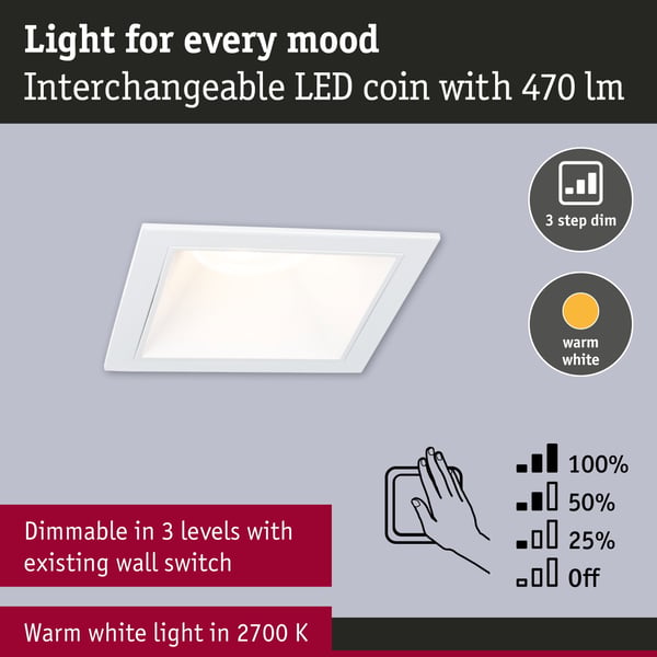 Paulmann Infälld LED lampa 3-Step-Dim Cole Coin IP44 vinkelformad 88x88 mm Coin 6W 470lm 230V dimbar 2700K Vit