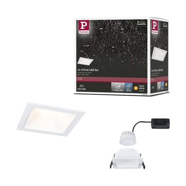 Paulmann Infälld LED lampa 3-Step-Dim Cole Coin IP44 vinkelformad 88x88 mm Coin 6W 470lm 230V dimbar 2700K Vit Paulmann Infälld LED lampa 3-Step-Dim Cole Coin IP44 vinkelformad 88x88 mm Coin 6W 470lm 230V dimbar 2700K Vit