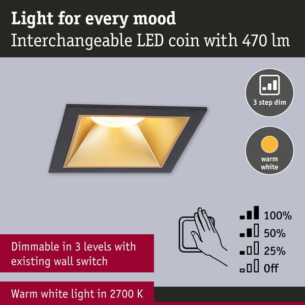 Paulmann Infälld LED lampa 3-Step-Dim Cole Coin IP44 vinkelformad 88x88 mm Coin 3x6W 3x470lm 230V dimbar 2700K Svart, Guld matt
