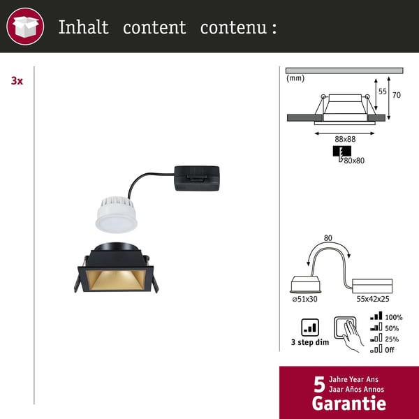 Paulmann Infälld LED lampa 3-Step-Dim Cole Coin IP44 vinkelformad 88x88 mm Coin 3x6W 3x470lm 230V dimbar 2700K Svart, Guld matt
