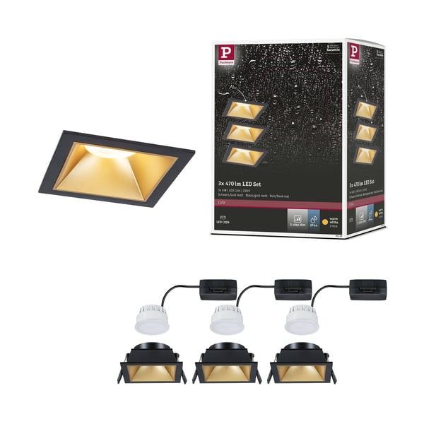 Paulmann Infälld LED lampa 3-Step-Dim Cole Coin IP44 vinkelformad 88x88 mm Coin 3x6W 3x470lm 230V dimbar 2700K Svart, Guld matt Paulmann Infälld LED lampa 3-Step-Dim Cole Coin IP44 vinkelformad 88x88 mm Coin 3x6W 3x470lm 230V dimbar 2700K Svart, Guld matt