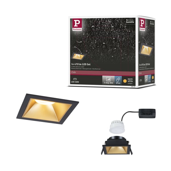 Paulmann Infälld LED lampa 3-Step-Dim Cole Coin IP44 vinkelformad 88x88 mm Coin 6W 470lm 230V dimbar 2700K Svart, Guld matt