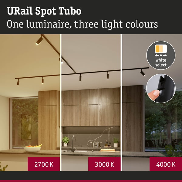 Paulmann URail Spotlight för strömskenor 3-Step-Dim Tubo Enstaka spot 200lm 4W White Select dimbar 230V Svart matt