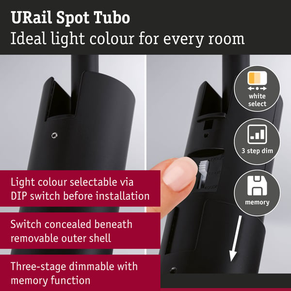 Paulmann URail Spotlight för strömskenor 3-Step-Dim Tubo Enstaka spot 200lm 4W White Select dimbar 230V Svart matt