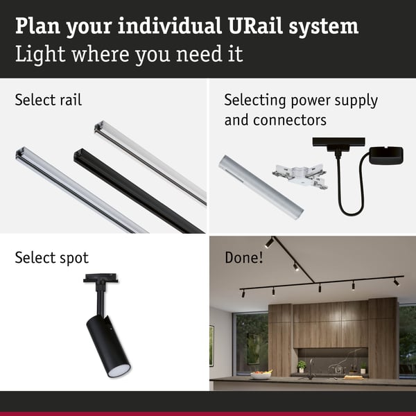 Paulmann URail Spotlight för strömskenor 3-Step-Dim Tubo Enstaka spot 200lm 4W White Select dimbar 230V Svart matt