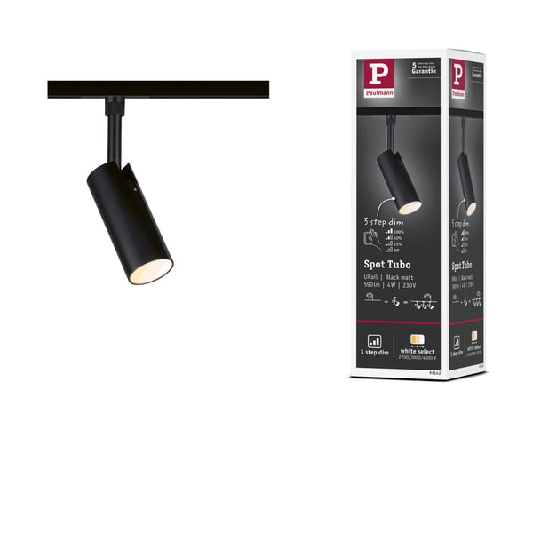 Paulmann URail Spotlight för strömskenor 3-Step-Dim Tubo Enstaka spot 200lm 4W White Select dimbar 230V Svart matt