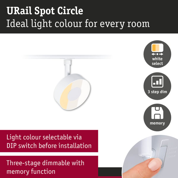 Paulmann URail Spotlight för strömskenor 3-Step-Dim Circle 280lm 5W White Select dimbar 230V Signal vit