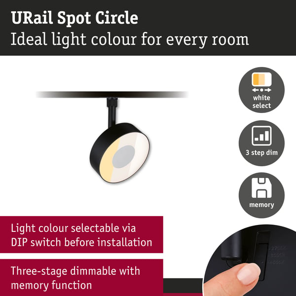 Paulmann URail Spotlight för strömskenor 3-Step-Dim Circle 180lm 5W White Select dimbar 230V Svart matt