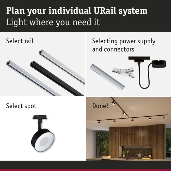 Paulmann URail Spotlight för strömskenor 3-Step-Dim Circle 180lm 5W White Select dimbar 230V Svart matt
