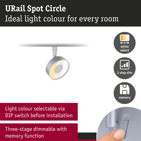 Paulmann URail Spotlight för strömskenor 3-Step-Dim Circle 250lm 5W White Select dimbar 230V Krom matt