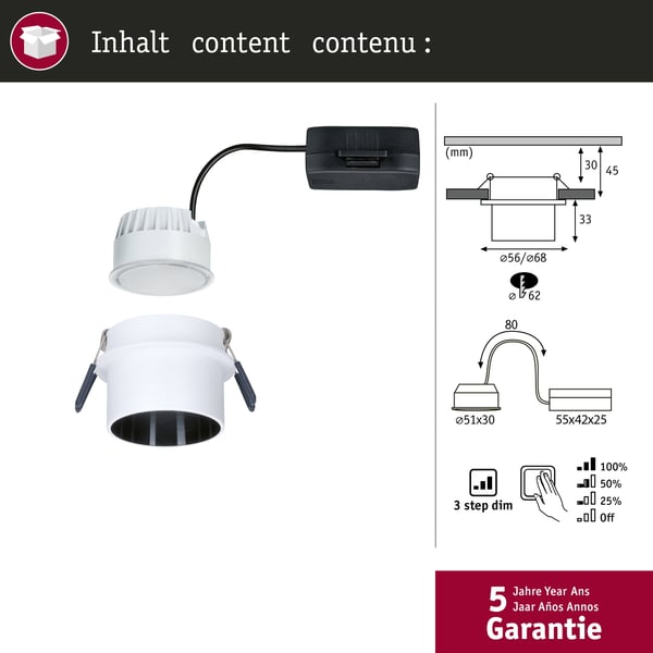 Paulmann Infälld LED lampa 3-Step-Dim Gil Coin IP44 rund 68 mm Coin 6W 470lm 230V dimbar 2700K Vit matt, Svart matt