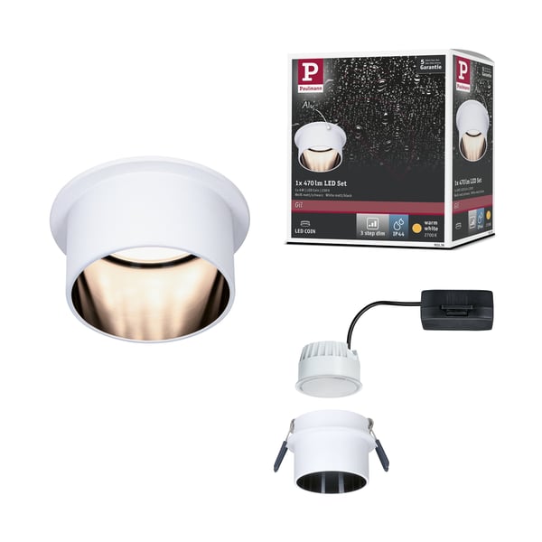 Paulmann Infälld LED lampa 3-Step-Dim Gil Coin IP44 rund 68 mm Coin 6W 470lm 230V dimbar 2700K Vit matt, Svart matt