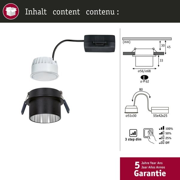 Paulmann Infälld LED lampa 3-Step-Dim Gil Coin IP44 rund 68 mm Coin 6W 470lm 230V dimbar 2700K Svart matt, Järn borstat